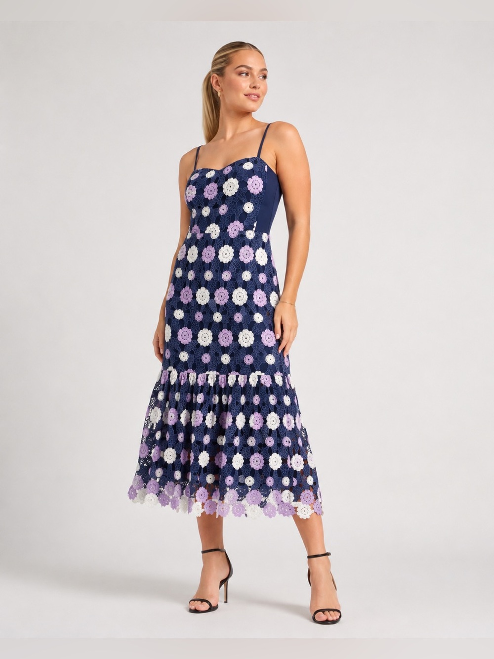 Navy Floral Crochet Midi Dress with Lavender and Cream Accents Navy Floral Croch